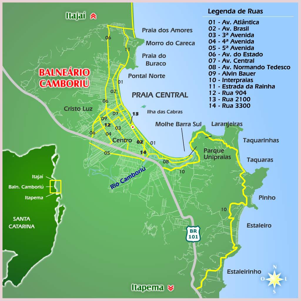 Mapa das praias de Balneário Camboriú
