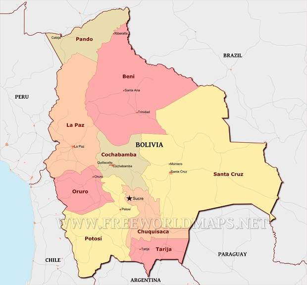 Mapa da Bolívia e seus 9 estados.