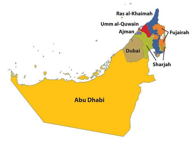 Emirados que formam os Emirados Árabes Unidos.
