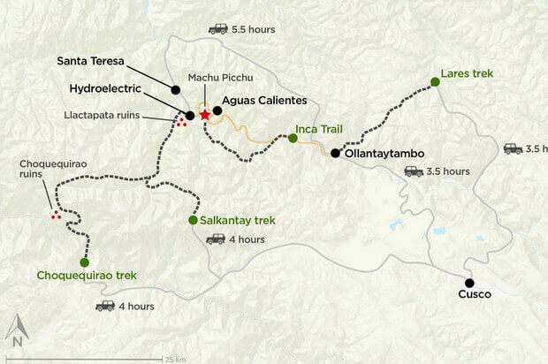 Mapa com algumas trilhas no Vale do Rio Urubamba. Fonte: Kimkim