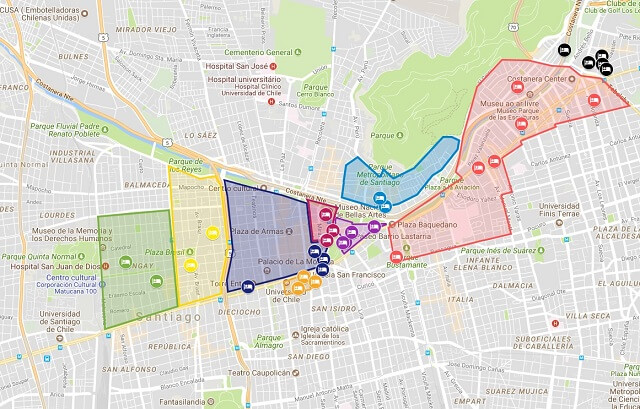 Mapa com os Melhores bairros de Santiago, Chile