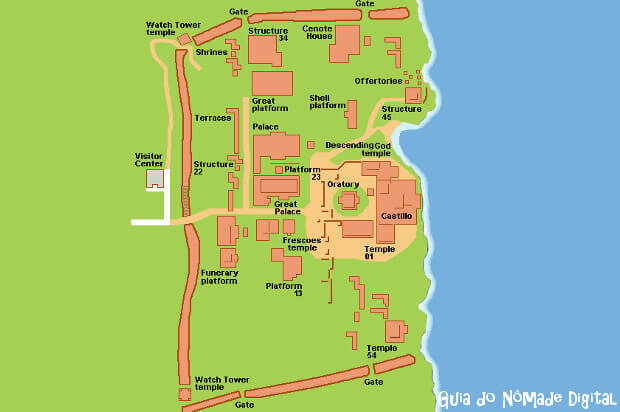 Mapa das Ruínas de Tulum. Fonte: Wikimedia