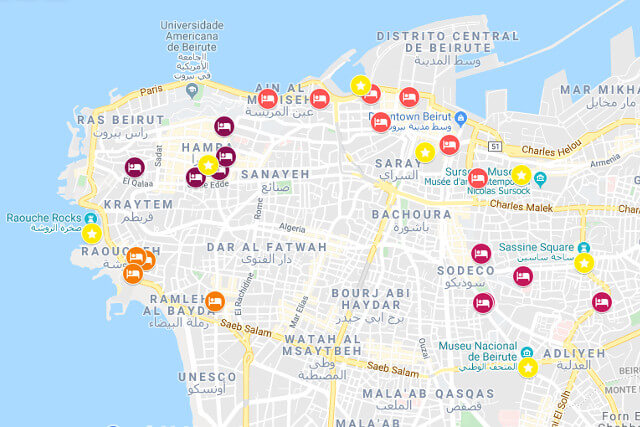 Mapa sobre onde ficar em Beirute com hotéis
