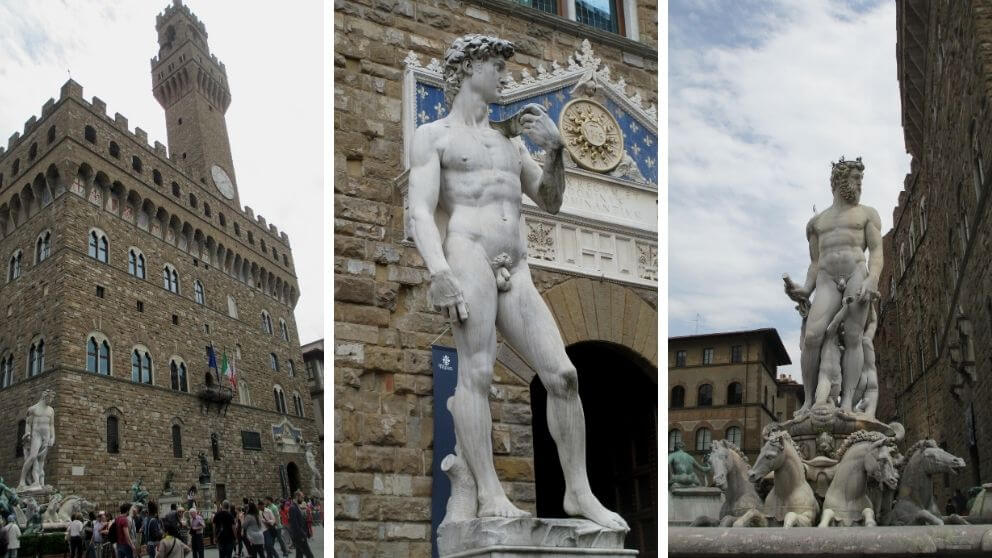 Palazzo Vecchio e estátuas na Piazza della Signoria
